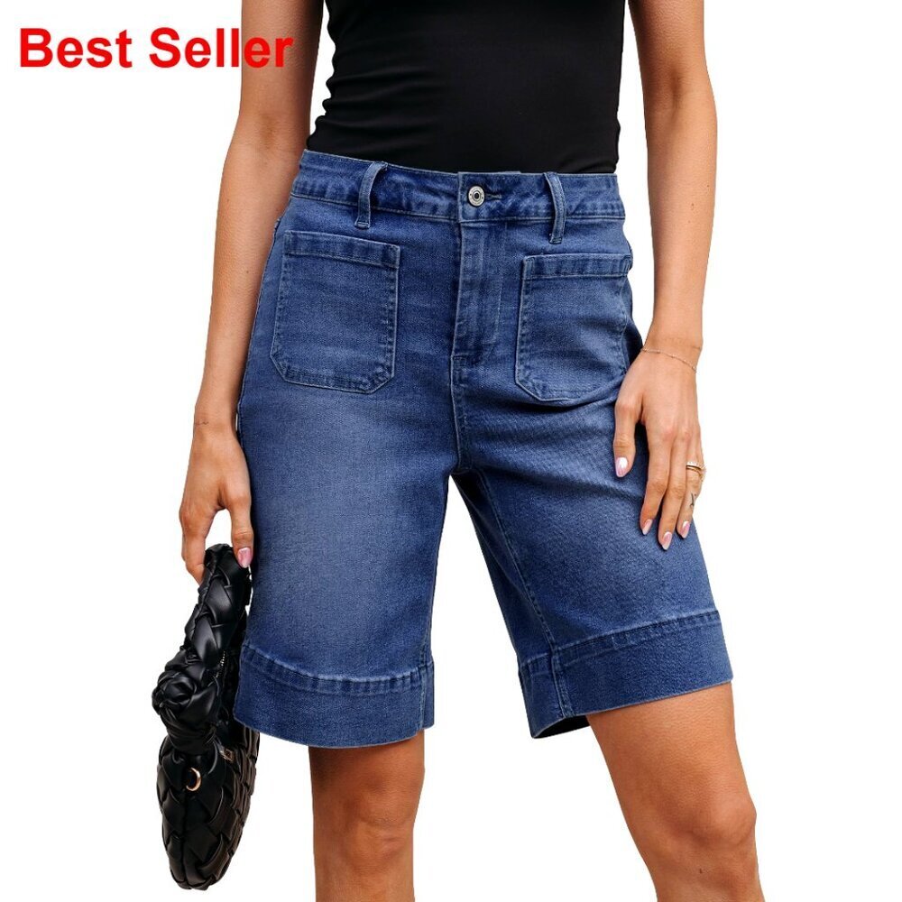 High Waisted Denim Bermuda Shorts with Patch Pockets, Stretchy Fabric - Picture 1 of 7